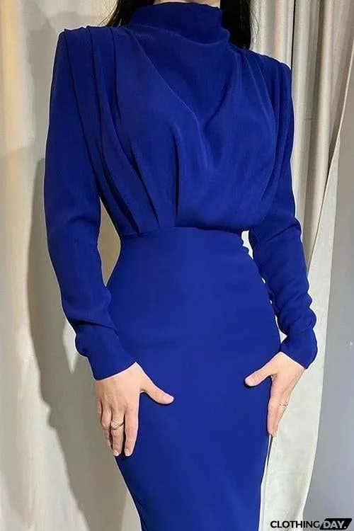 High Collar Empire Waist Long Sleeve Dress