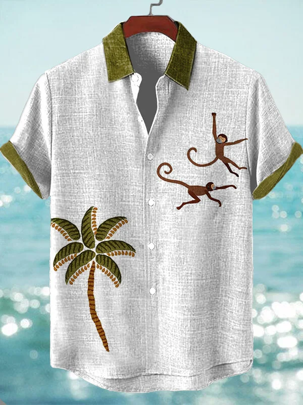 Men's Two Monkeys And A Coconut Tree Print Short Sleeve Shirt