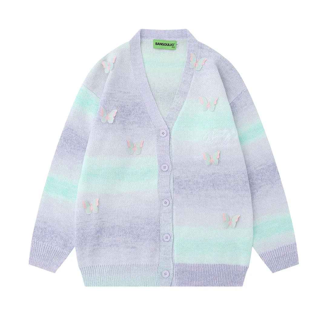 Women's Retro Striped Gradient Cardigan V-neck Butterfly Sweater