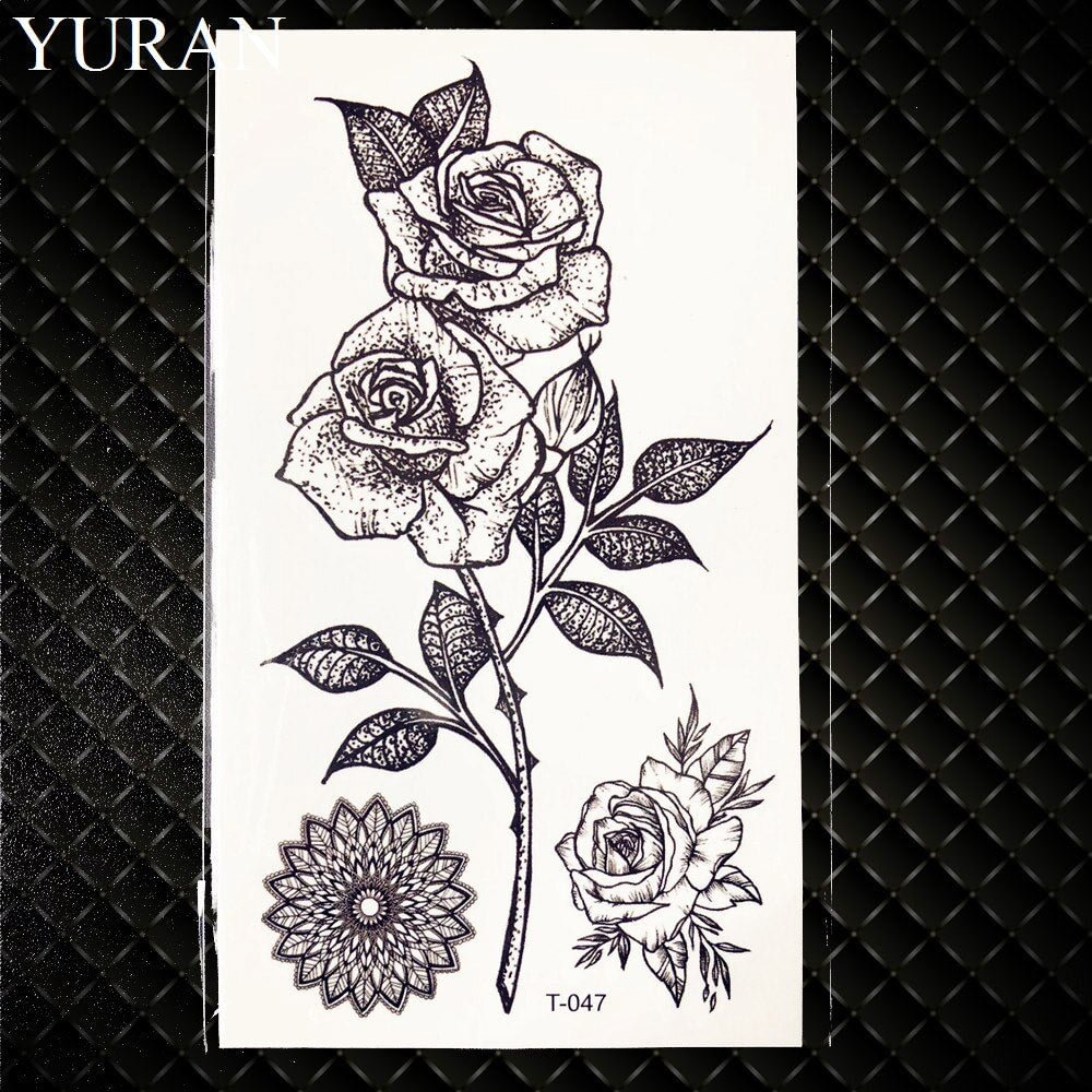 Black Triangle Rose Flower Temporary Tattoo Summer Feather Birds Tattoo Stickers Women Party Waterproof Tatto Girls Body Arm Art