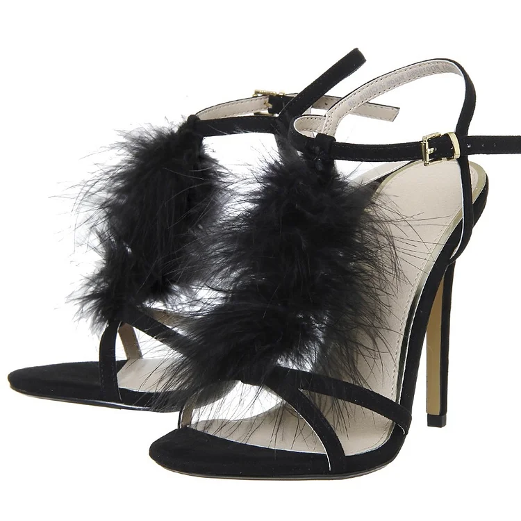 Black Fur Heels Vegan Suede Open Toe T Strap Stiletto Heel Sandals |FSJ Shoes