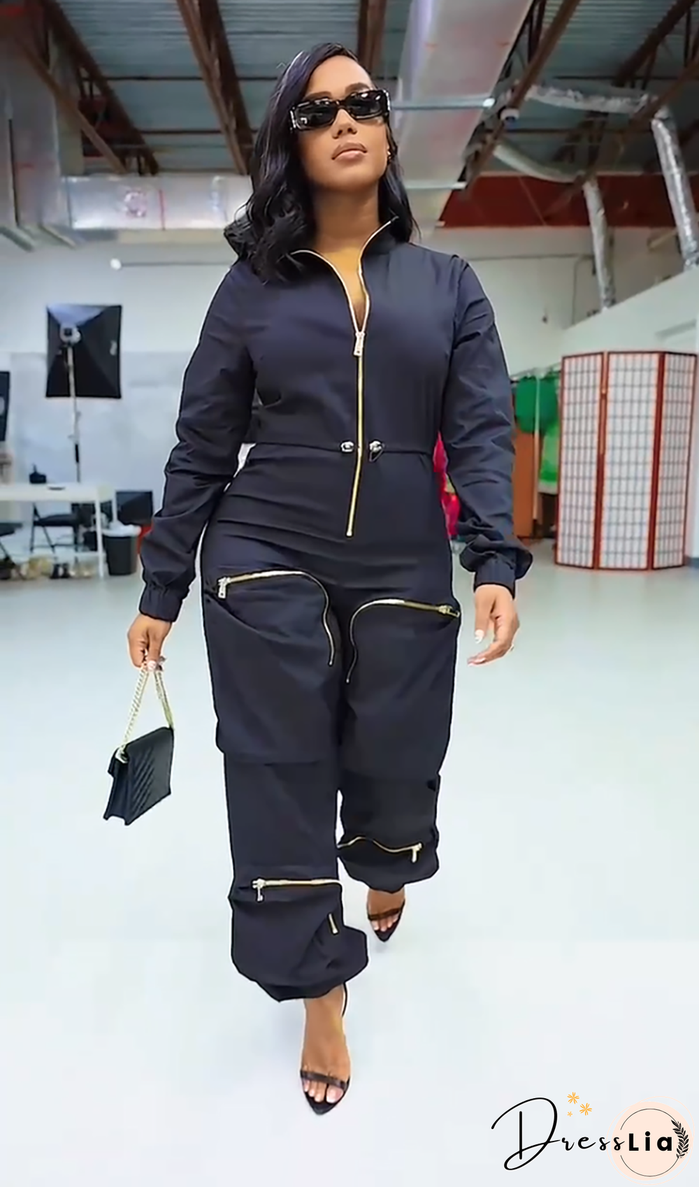 Long Sleeve Zipper Large Pockets Cargo Jumpsuits