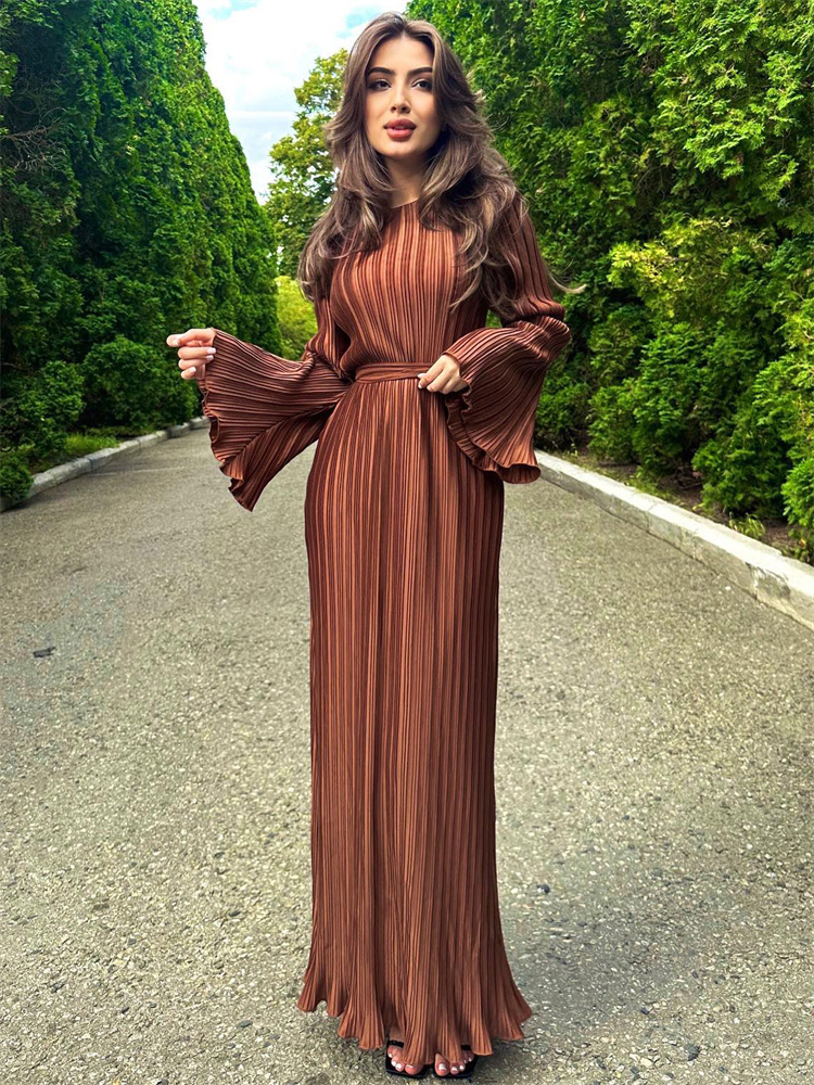 Ootddress Ruffled Lace-Up Ribbed Maxi Dress For Women Long Sleeve Fashion High Waist Elegant Party Dress Autumn Bandage Ladies Dress