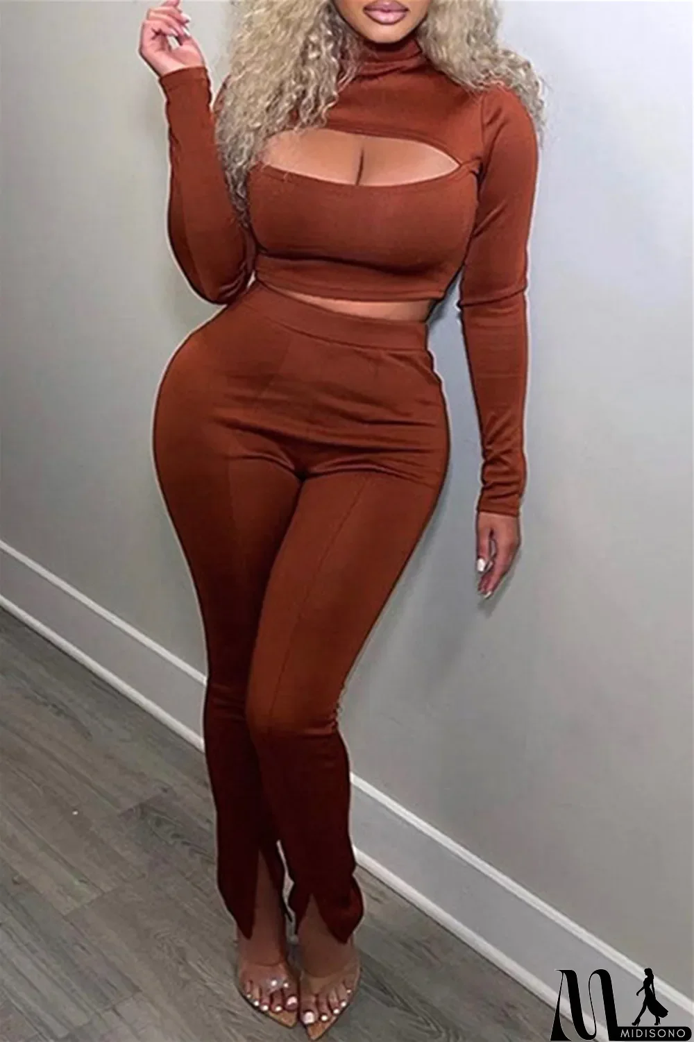 MidiSono - White Sexy Casual Solid Bandage Turtleneck Long Sleeve Two Pieces