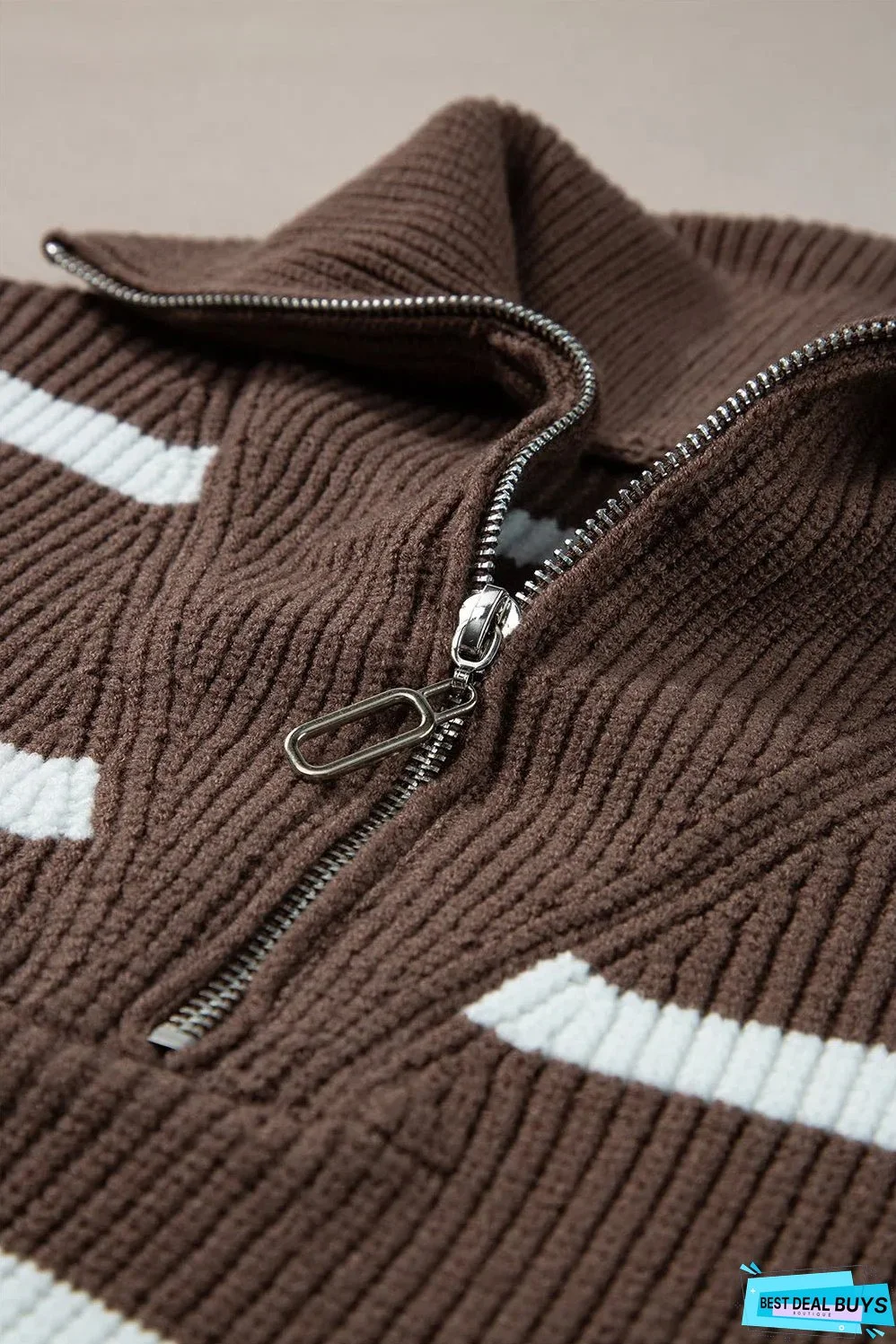 Brown Stripe Zipped Collar Cap Sleeve Knit Top