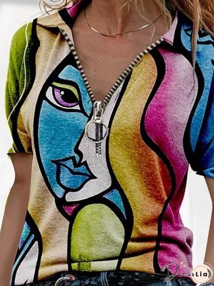 V-Neck Printed Zipper Short Sleeve T-Shirt for Women