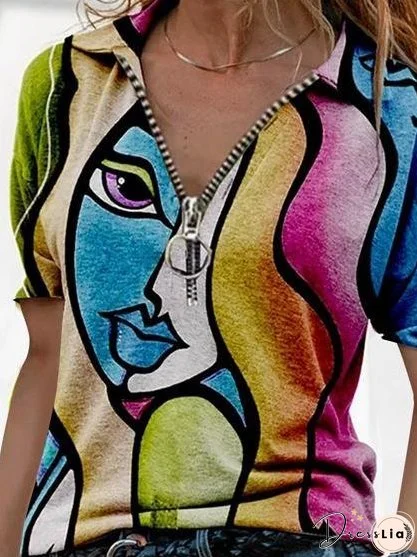 V-Neck Printed Zipper Short Sleeve T-Shirt for Women
