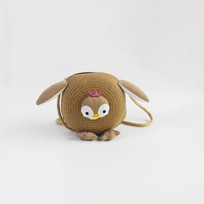 Girl’s Small Straw Flower Bow Knot Cute Round Zipper Crossbody Bag