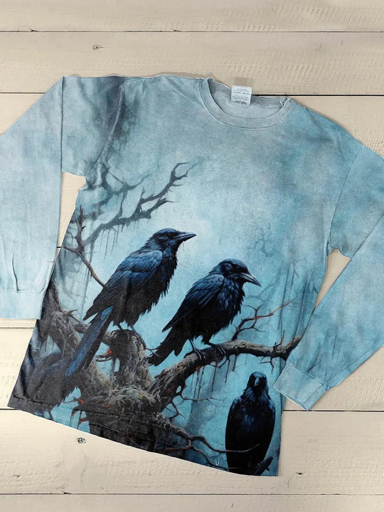 Unisex Raven Art Print Casual Long Sleeve T-Shirt