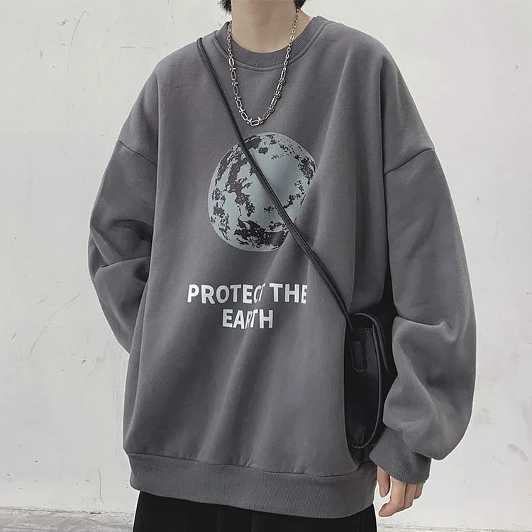 Moon Letter Print Round Collar Oversized Sweatshirt - Modakawa Modakawa