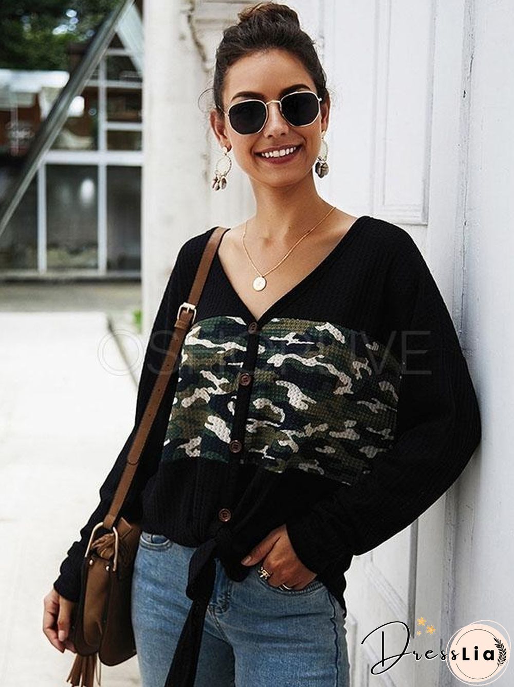 Camouflage Stitching V-neck Knit Sweater