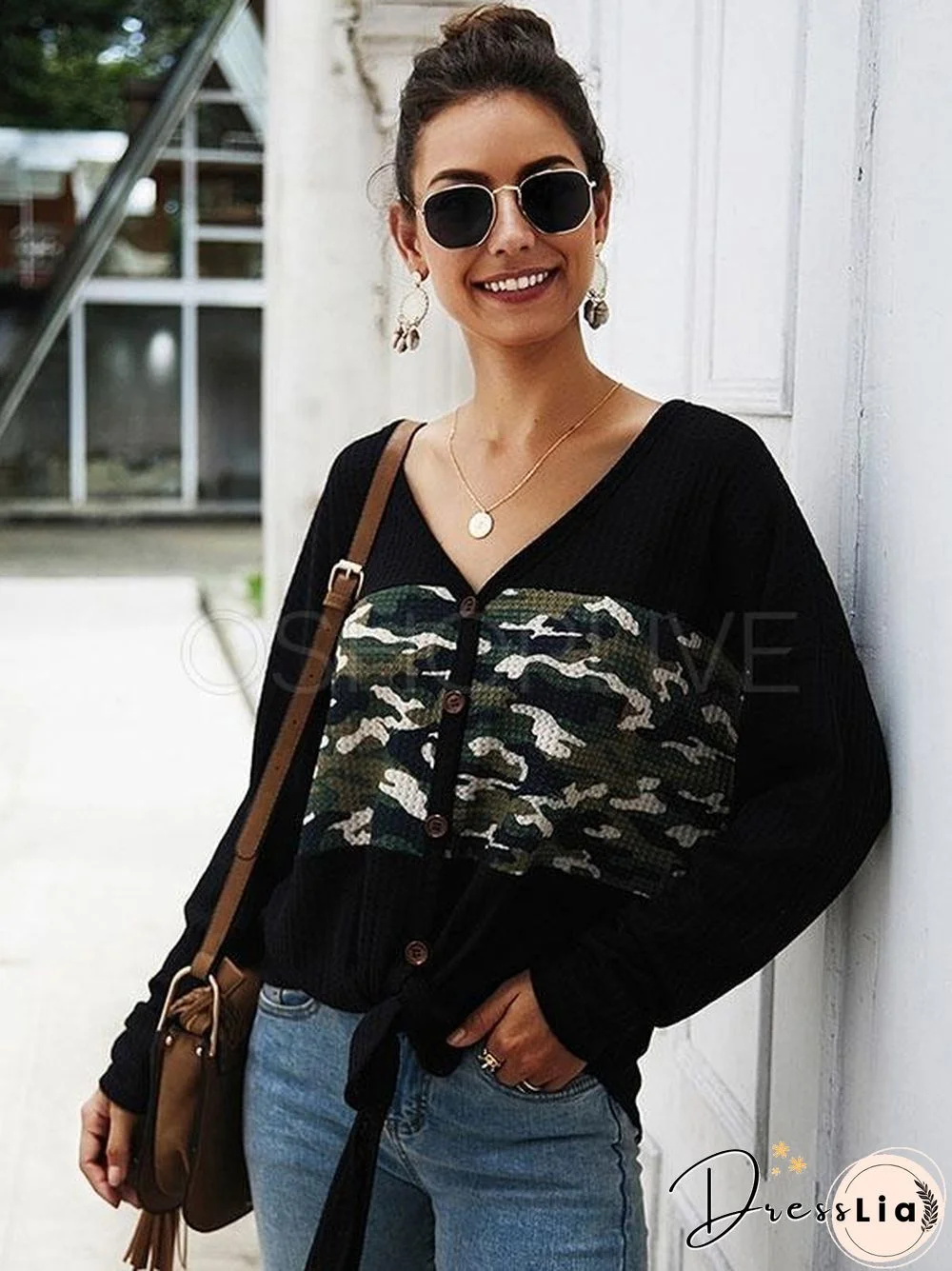 Camouflage Stitching V-neck Knit Sweater