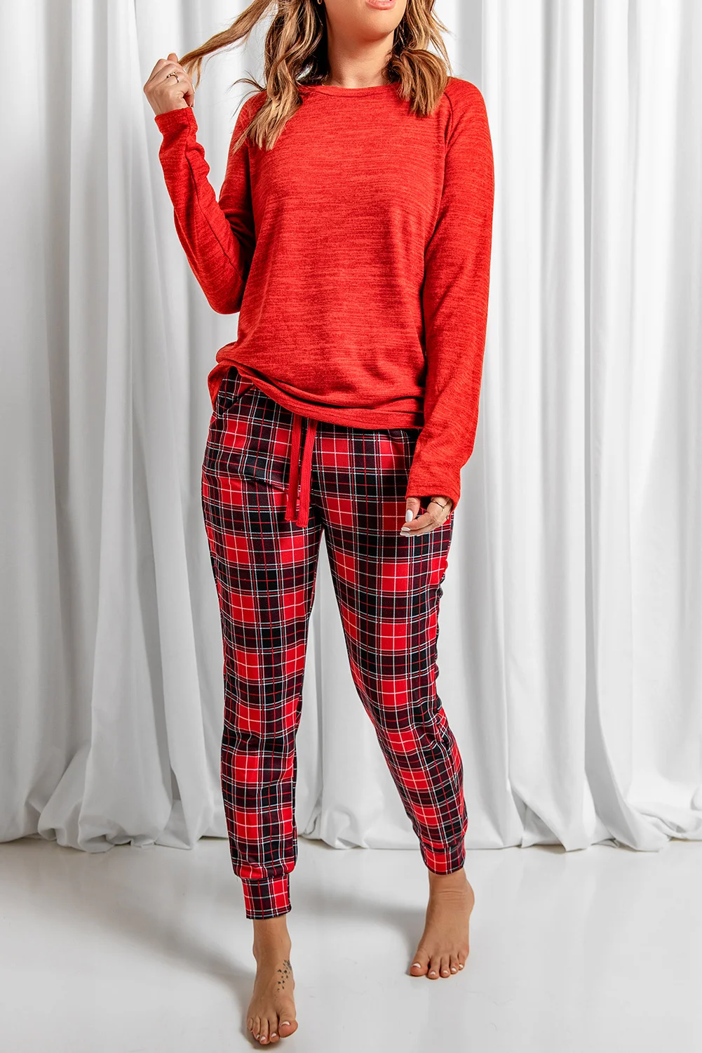 Solid Long Sleeve Top and Plaid Pants Loungewear | IFYHOME