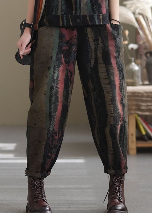 Boutique Black Print Patchwork denim harem pants Spring CK599- Fabulory