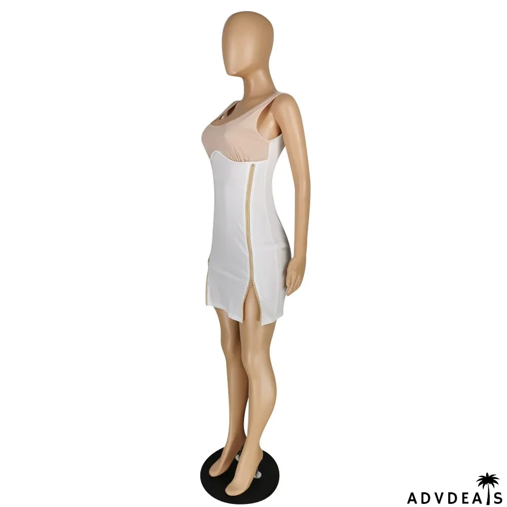 Women Summer High Stretch Zip Slit Sleeveless Dress
