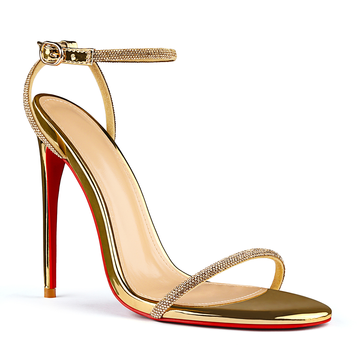 120mm Women's Red Bottom Diamonds Studded Straps Sandals High Heels Open Toe Stiletto Shoes -MERUMOTE