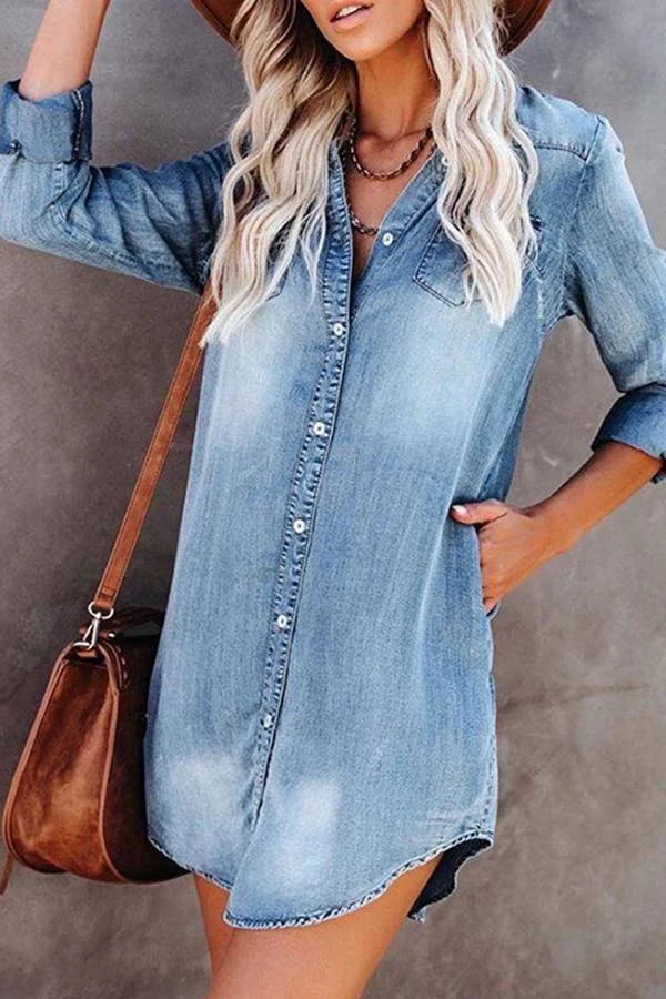 Womens Shirt Collar Denim Mini Dress-Allyzone-Allyzone