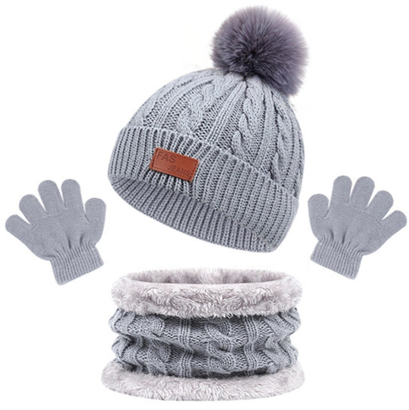 Autumn And Winter Children’s Warm Knitted Hat Scarf Gloves Three-piece Set Baby Outdoor Cold-proof Wool Hat Three Pieces