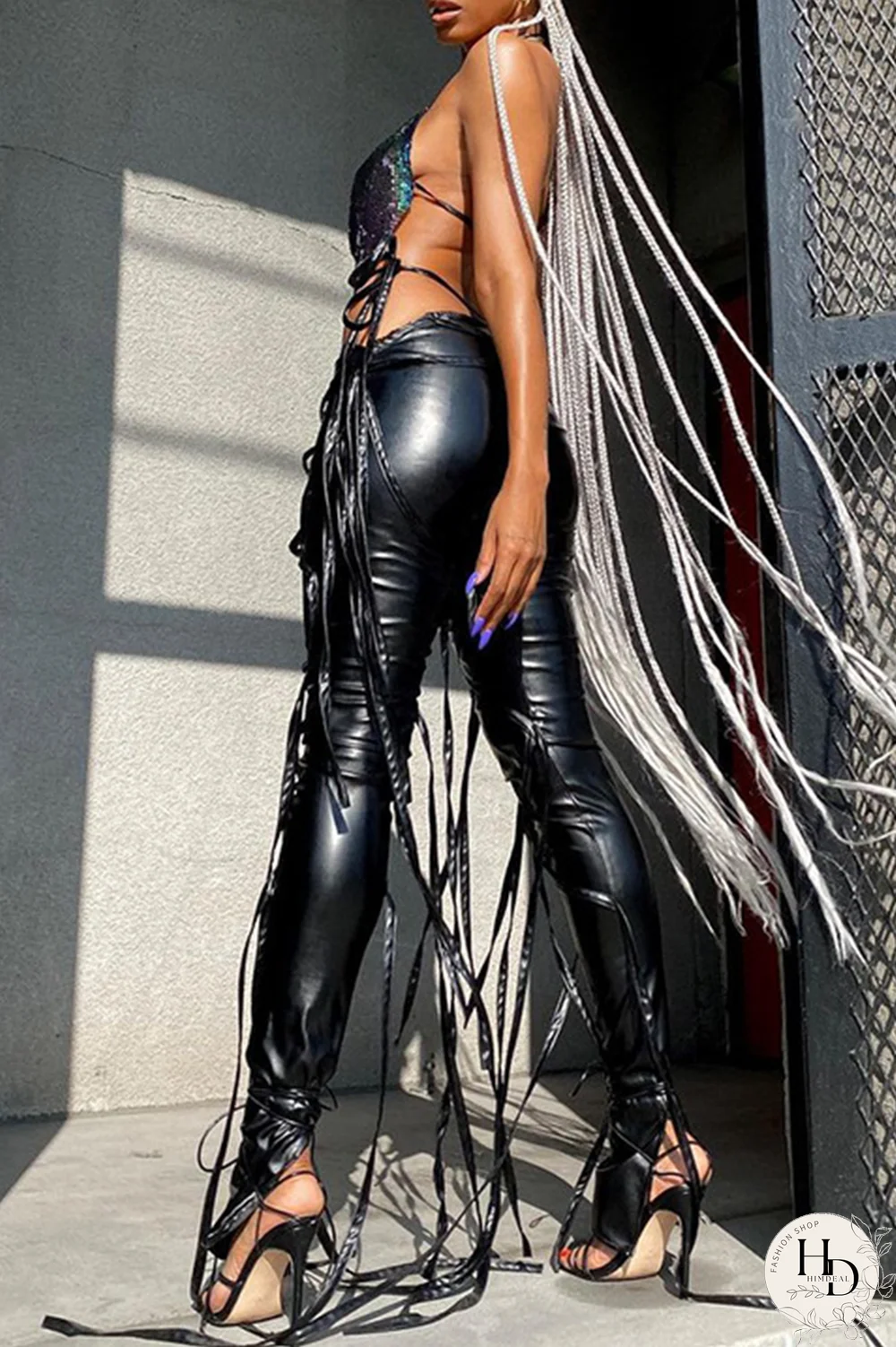 White Street Patchwork Draw String Skinny Mid Waist Speaker Bottoms