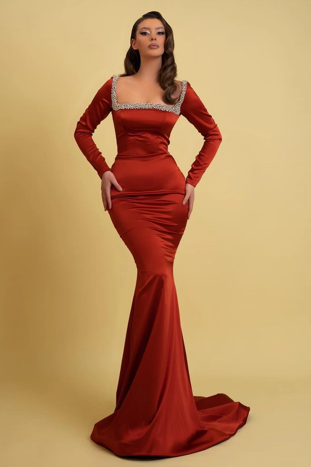 Prom Dress Charmeuse Burgundy Long Sleeves Mermaid With Beadings YL0263
