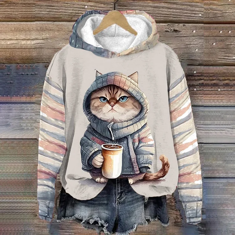 Cute Striped Cat Print Casual Hoodie