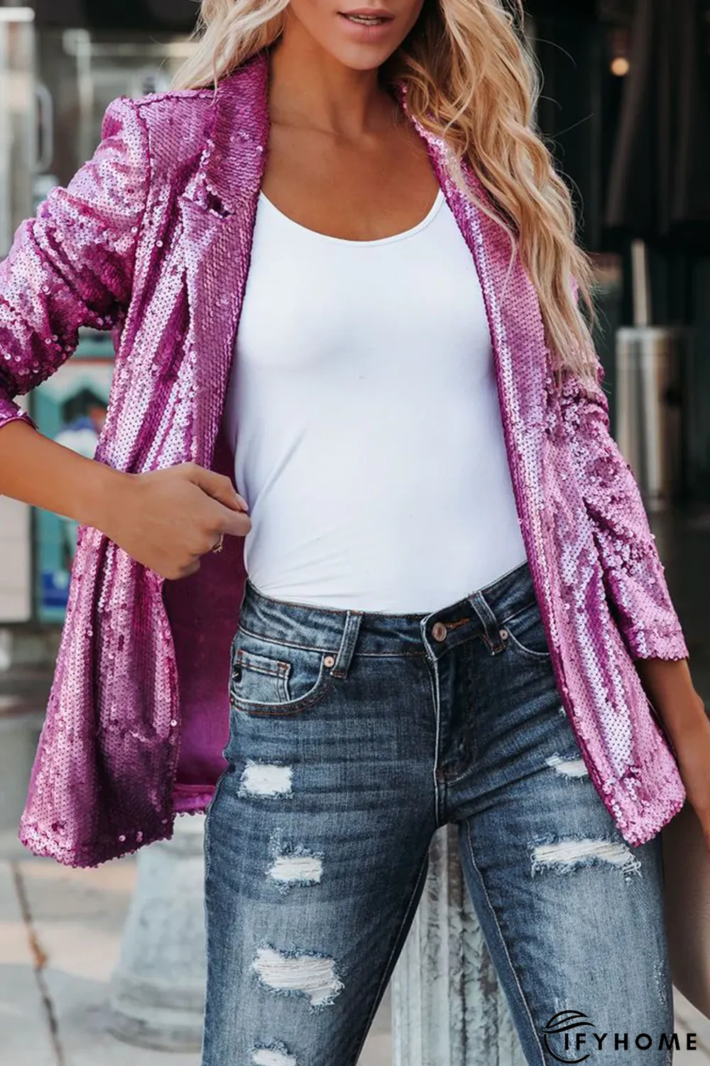 Street Patchwork Sequins Cardigan Collar Outerwear | IFYHOME