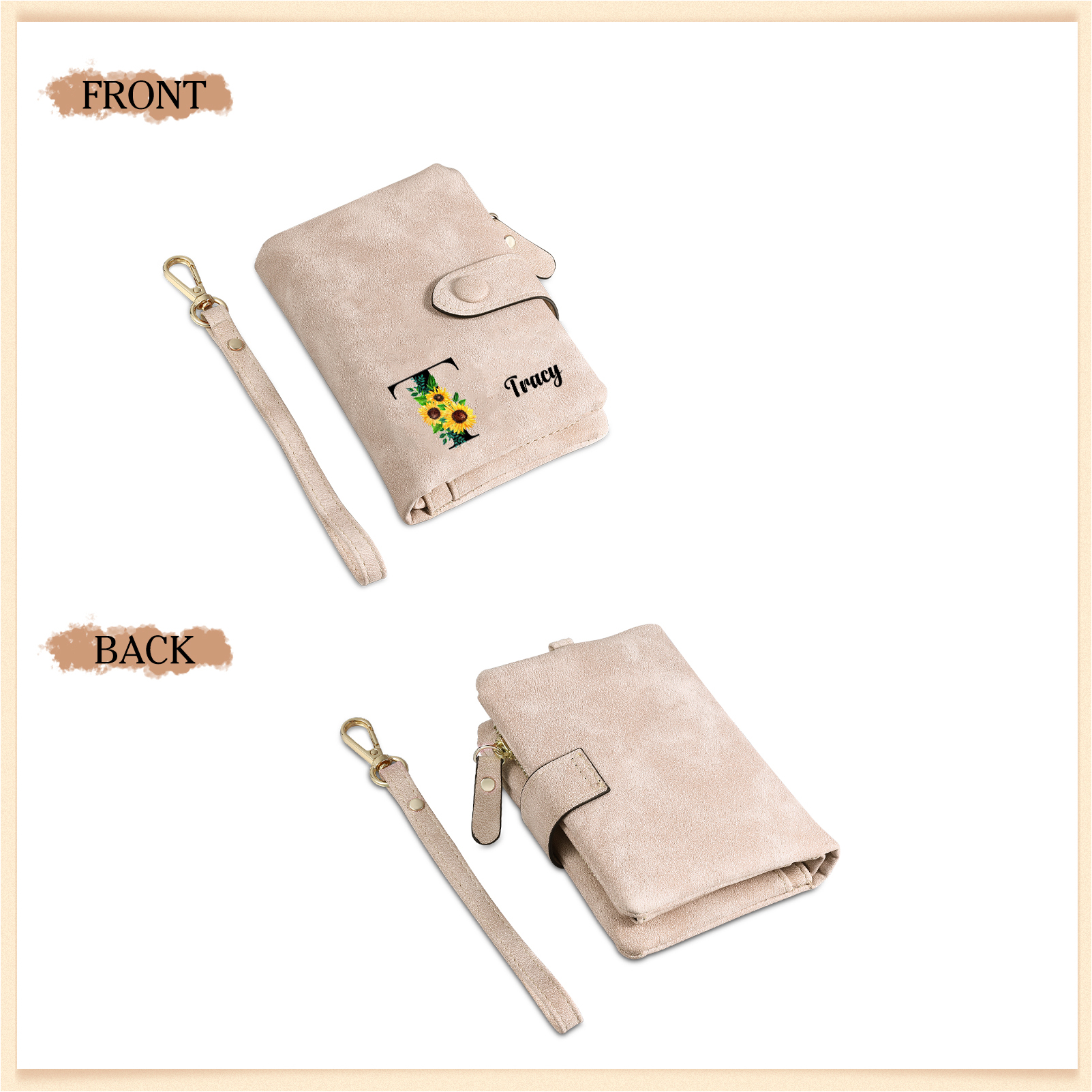 Portafoglio in PU pelle girasole con 1 letetra & 1 testo & 1 nome & 1 foto personalizzati per mamma/nonna