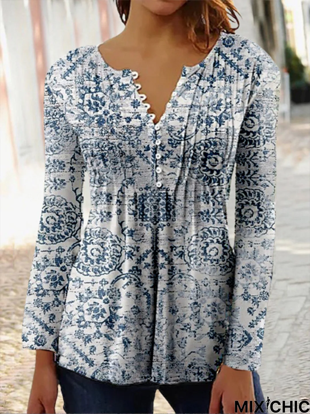 Casual Ethnic Notched Long sleeve Top TUNIC