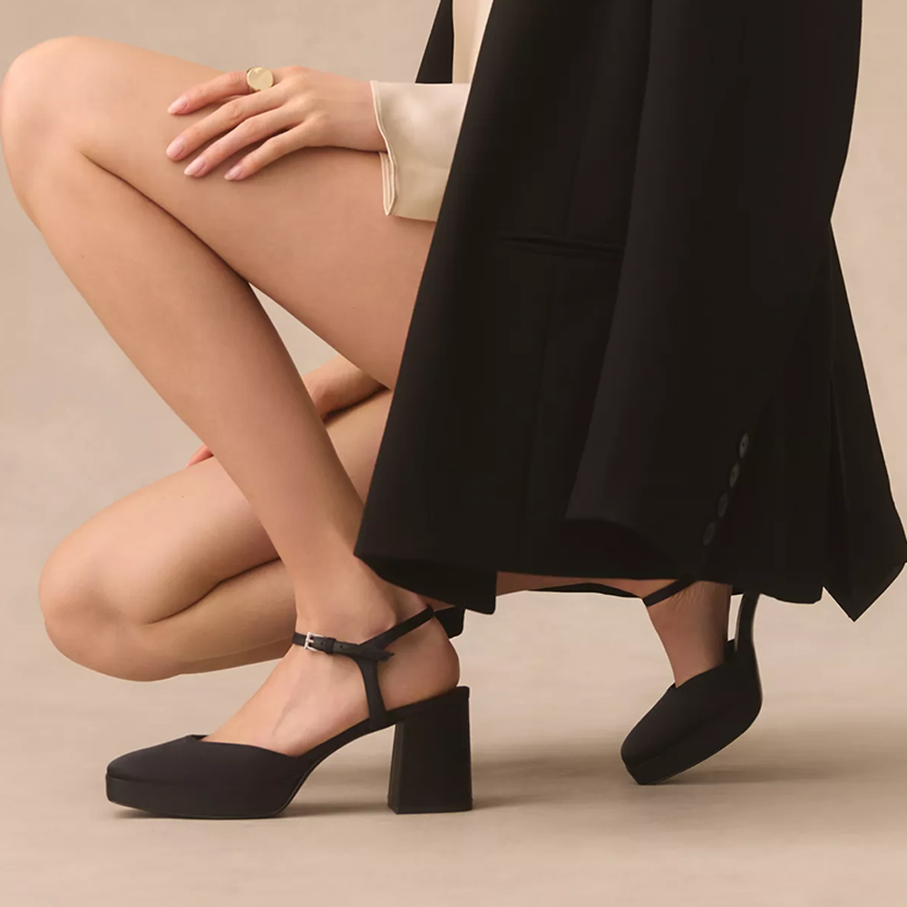Black Satin Closed Square Toe Ankle Strappy Platform Sandals With Chunky Heels Nicepairs