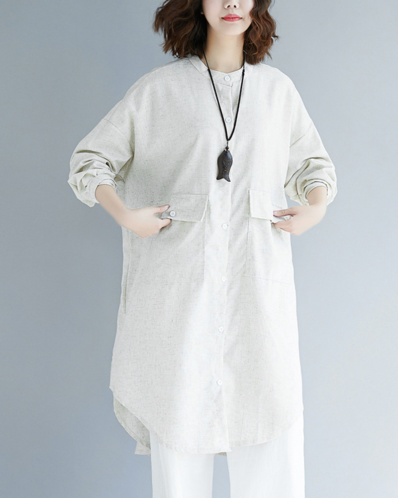 Stand Up Collar Chest Pockets Single Breasted Long Sleeve Loose Shirt