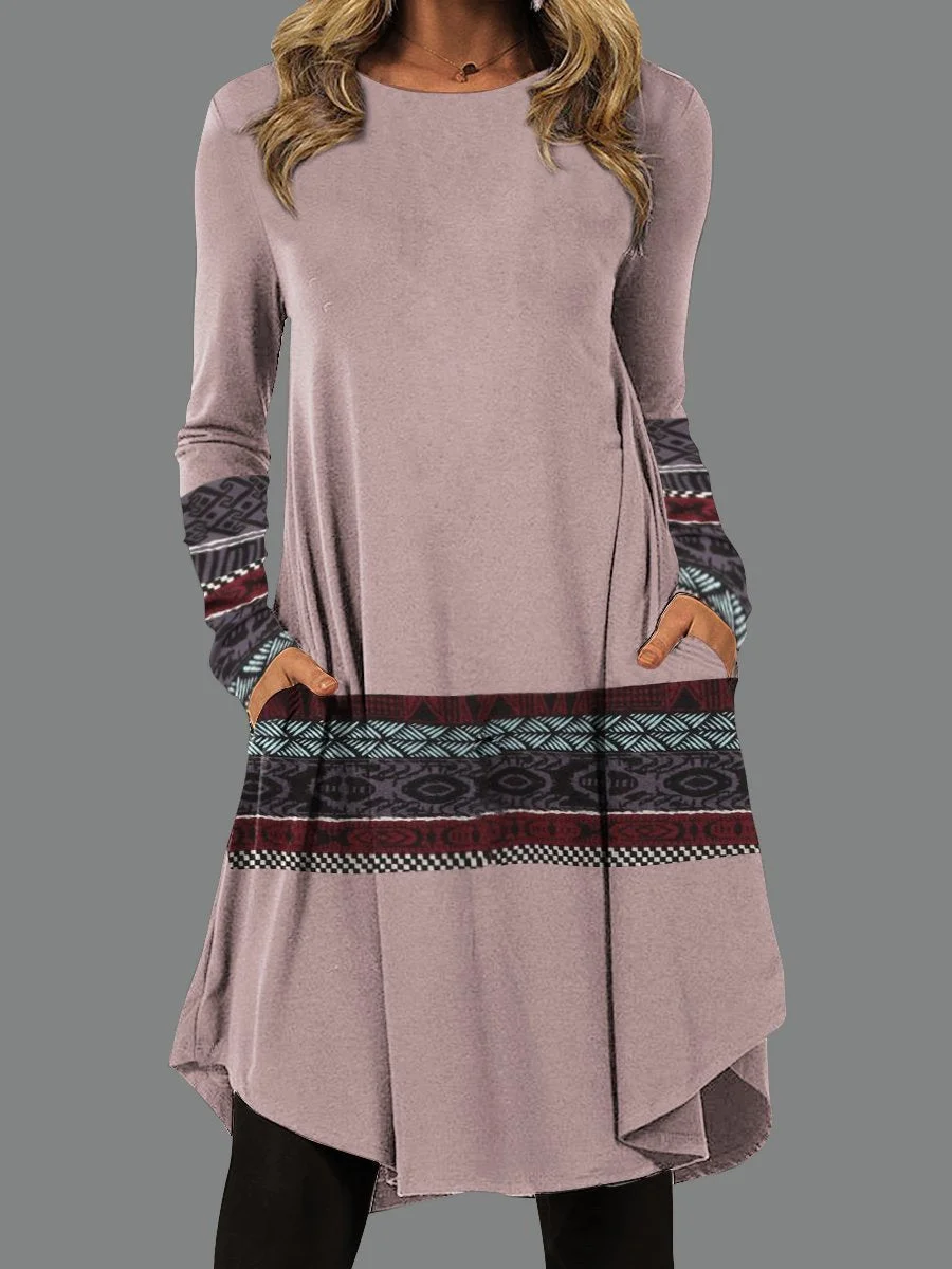 Women Long Sleeve Scoop Neck Geometric Colorblock Dress