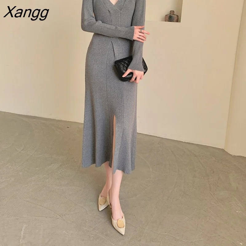 Xangg Knitted Dress Female Party Night Off Shoulder V-neck Pullover Medium Trend Sheath Split Sexy Long Dresses Winter 2023