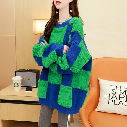 Cotton-Blend Long Sleeve Checkered/plaid Sweater