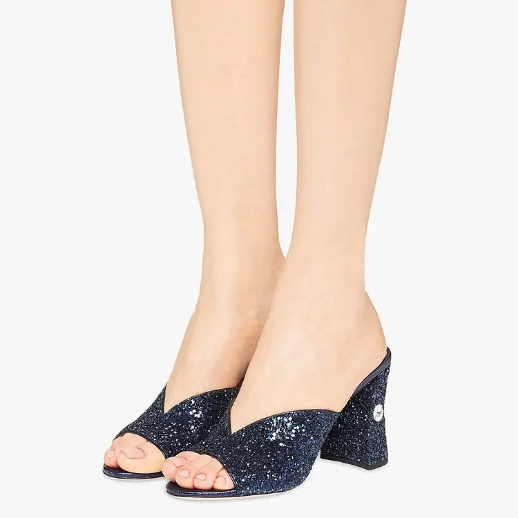 Navy Glitter Open-Toe Rhinestone Block Heel Mules for Women |FSJ Shoes
