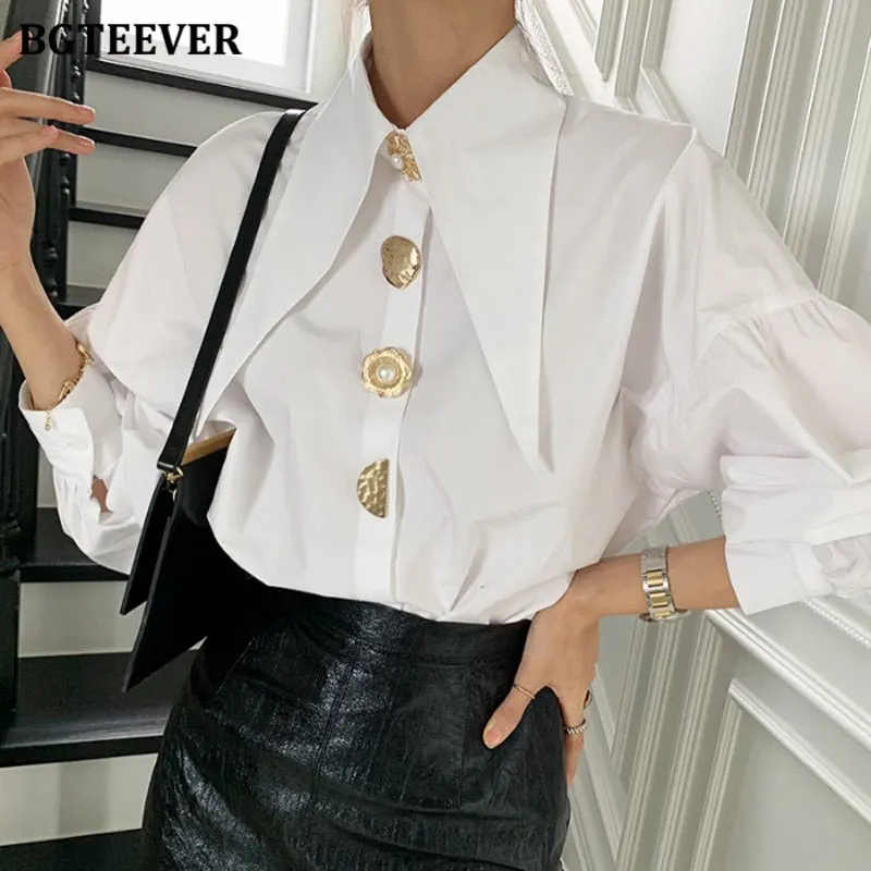 BGTEEVER Stylish Chic Lantern Sleeve Women White Shirts Blouses Spring Buttons Loose Female Shirts Tops Elegant Ladies Blusas
