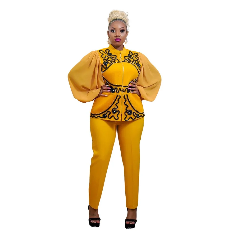 Colourp 2 Piece Set Africa Clothes African Dashiki New Fashion Puff Sleeve Top And Pants Trousers Suit Plus Size Party Clothing for Lady