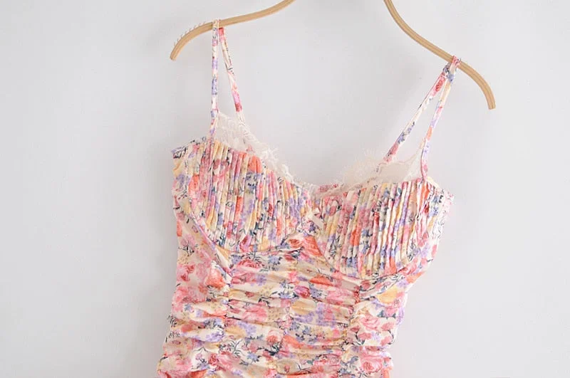 2021 New Fashion Summer Woman Slim Floral Printed Satin Elegant Holiday Sling Mini Dresses Pleated Waist Bottom Hip Dresses