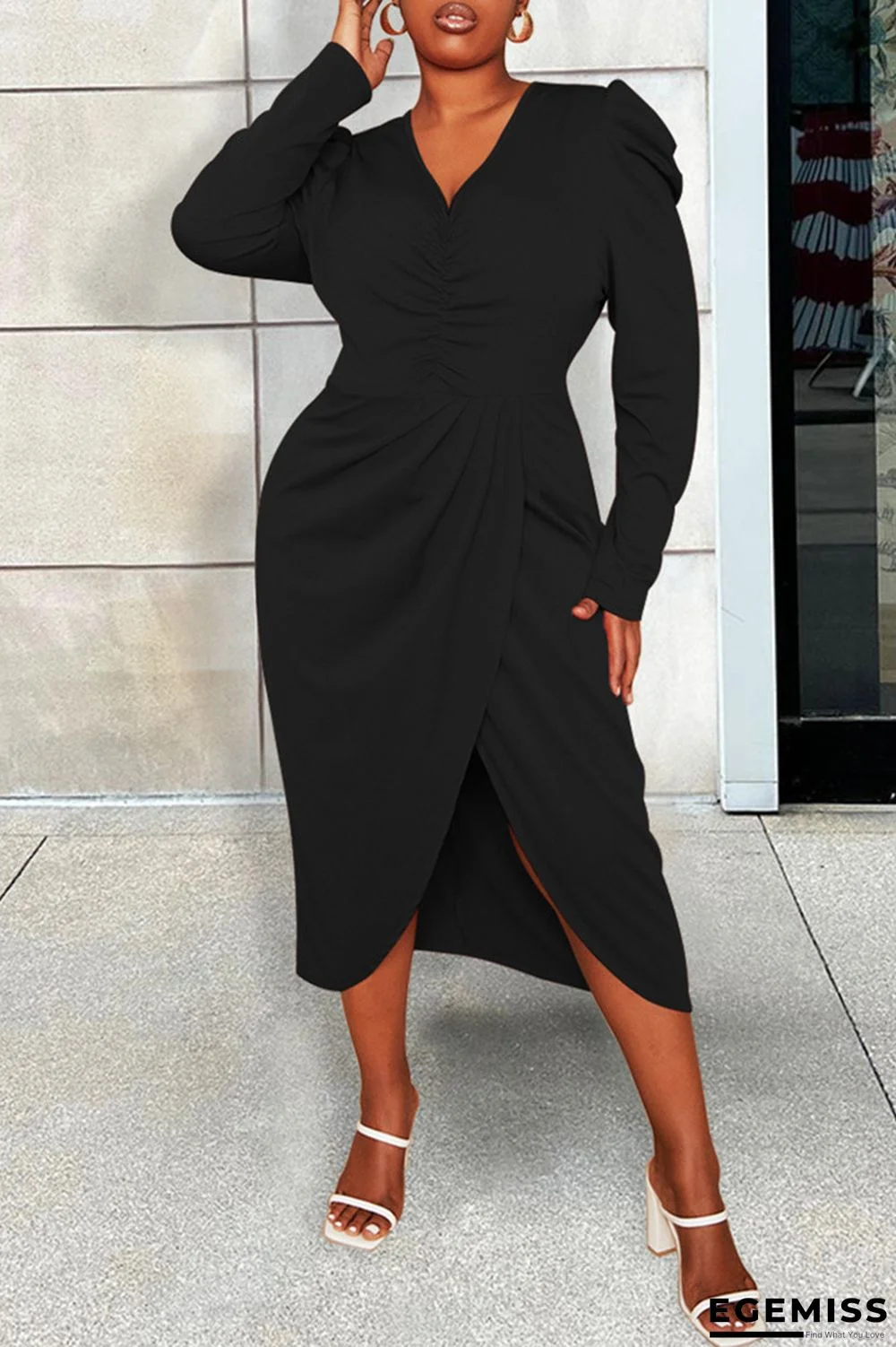 Black Casual Solid Patchwork V Neck Long Sleeve Plus Size Dresses | EGEMISS