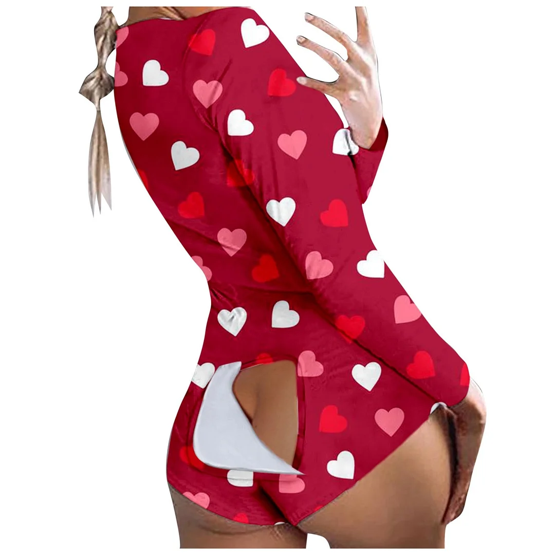 2022 New Fashion Jumpsuit Women Sexy Button-down Love Heart Print Functional Buttoned Flap Adults Jumpsuit Bodys Para Mujer