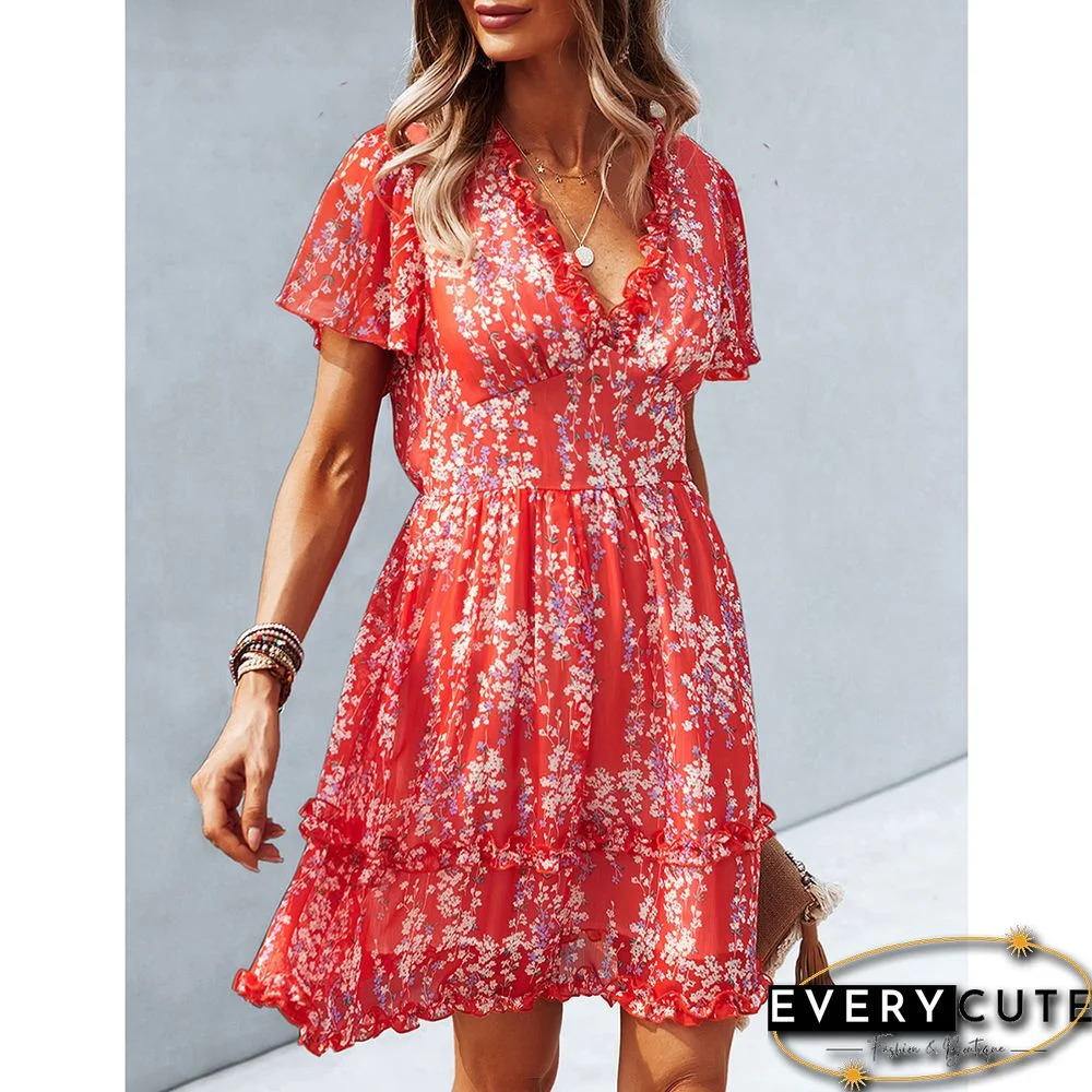 Red Floral Print Layered V Neck Mini Dress