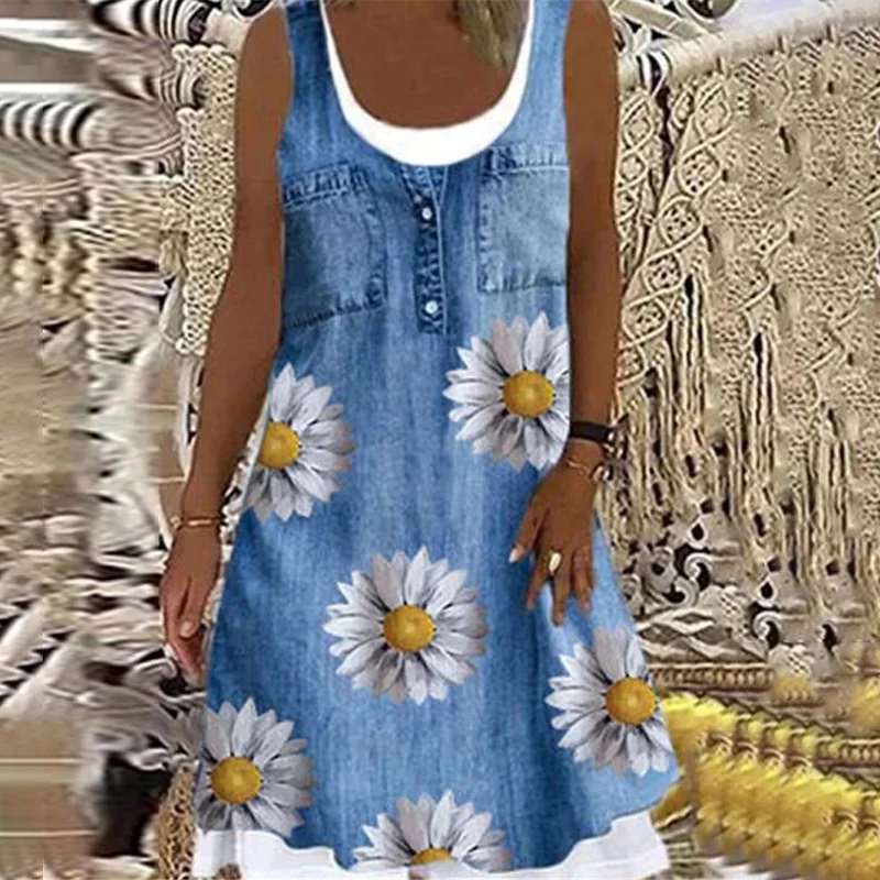 Loose Fashion Daisy Print Midi Dress