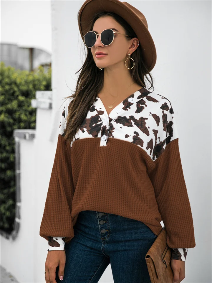 Fall and Winter Women's New Tops Printed Splicing Loose Women's Casual Leopard Button Long Sleeve Women's-Cosfine