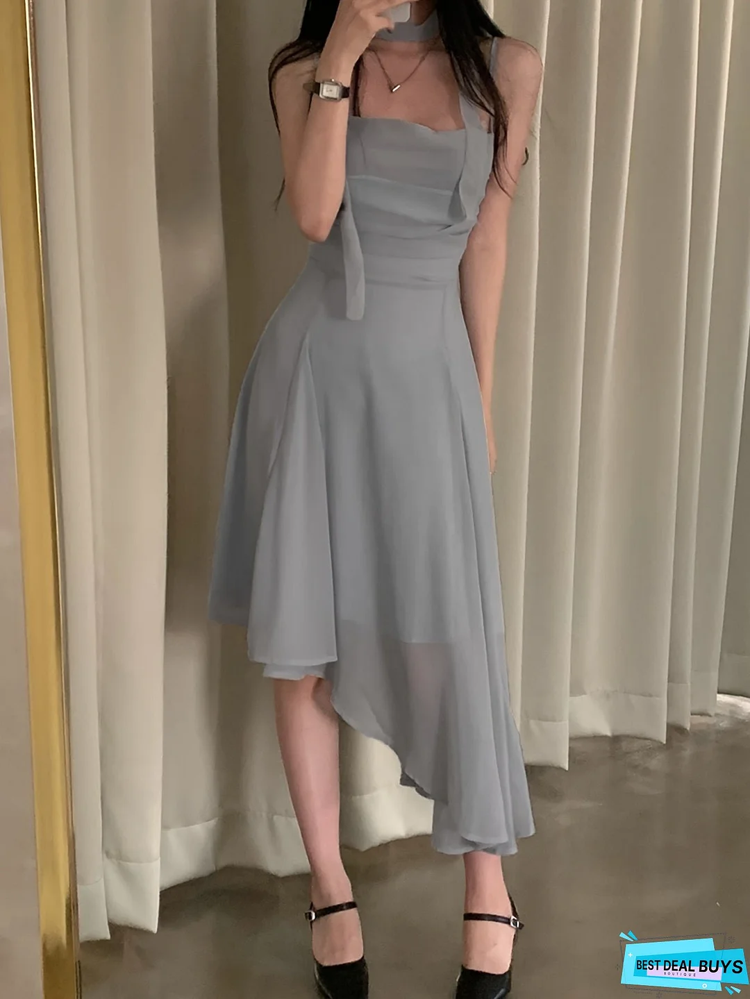 Cowl Neck Asymmetric Ruffle Hem Dress, Elegant Cut Out With Scarf Layer Dress, Women's Clothing