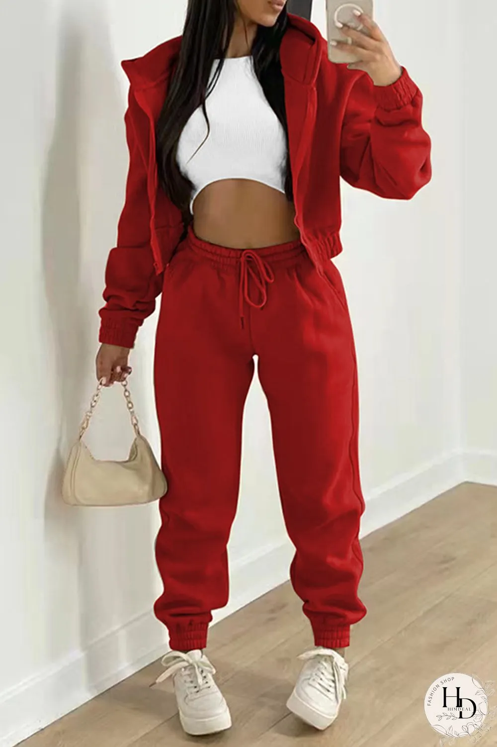 Red Fashion Casual Solid Cardigan Pants Hooded Collar Long Sleeve Two Pieces