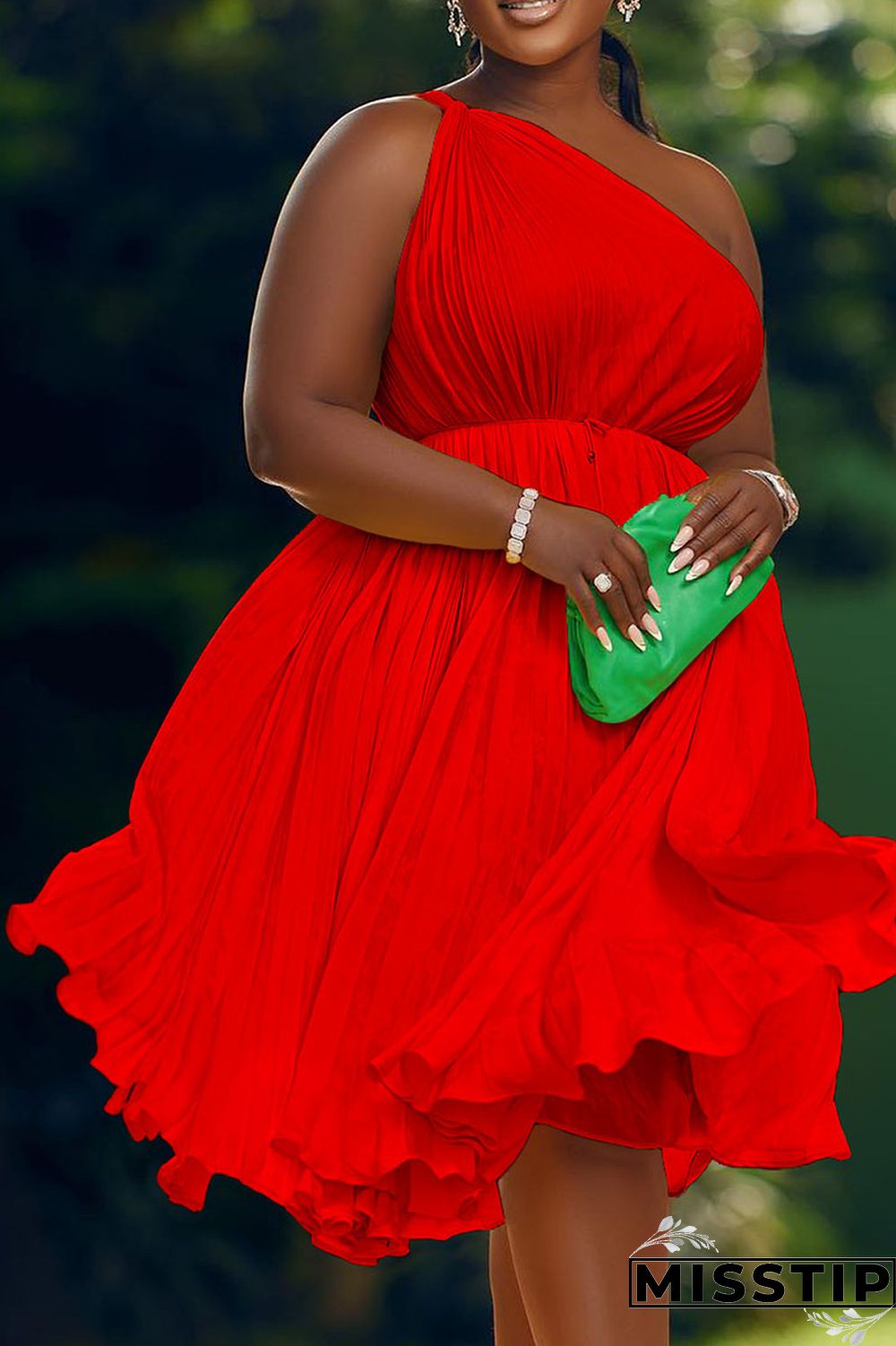 Red Casual Solid Patchwork Fold Oblique Collar A Line Dresses