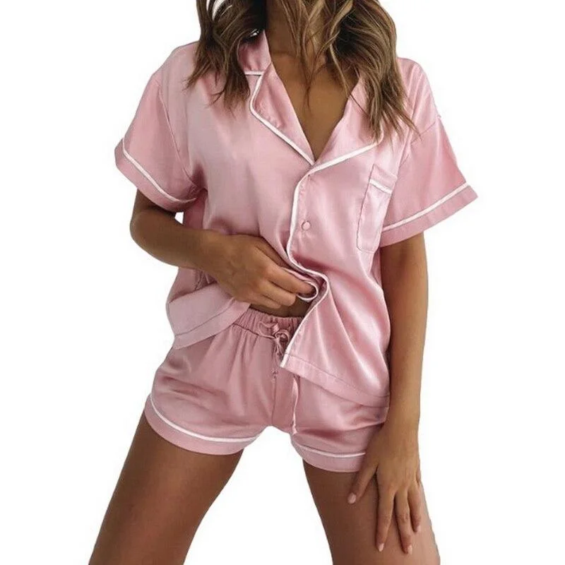 2 Piece Faux Silk Satin Pajama Set Shorts Women Pyjamas Christmas Sleepwear Pijama Mujer Home Suit Sleep Loungewear PJS