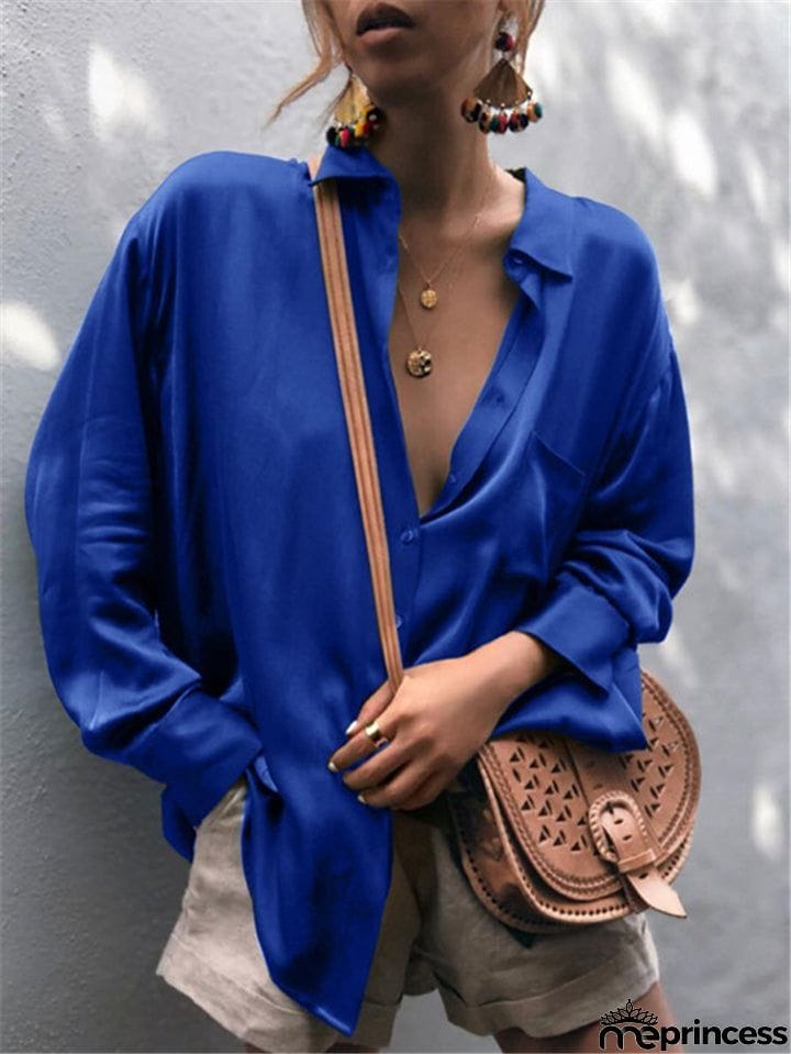 Relaxed Loose Fit Classic Collar Front Button Fastening Chest Pocket Long Sleeve Blouse