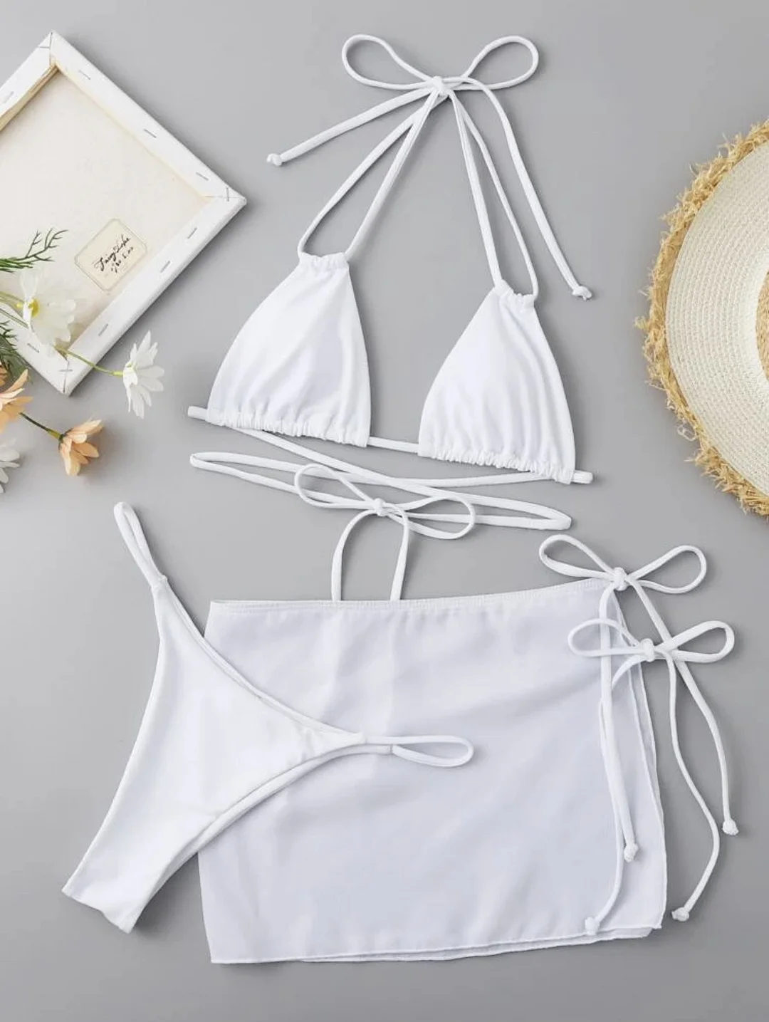 Brownm 2021 New Drawstring Strap Solid Three-Piece Set Sexy Bikini