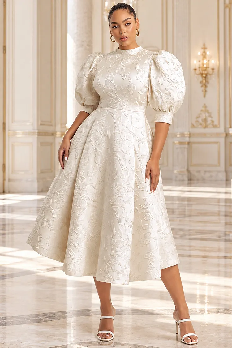 Xpluswear Design Plus Size Wedding Guest White Mock Neck Puff Sleeve Short Sleeve Pocket Satin Midi Dresses [Pre-Order] 2024 - Xpluswear