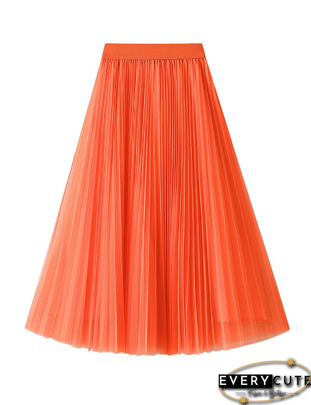 Orange Swing Pleated Mid-length Gauze Skirt
